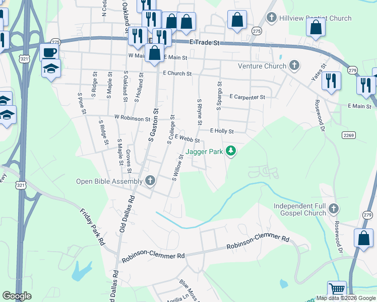 map of restaurants, bars, coffee shops, grocery stores, and more near 429 South Willow Street in Dallas
