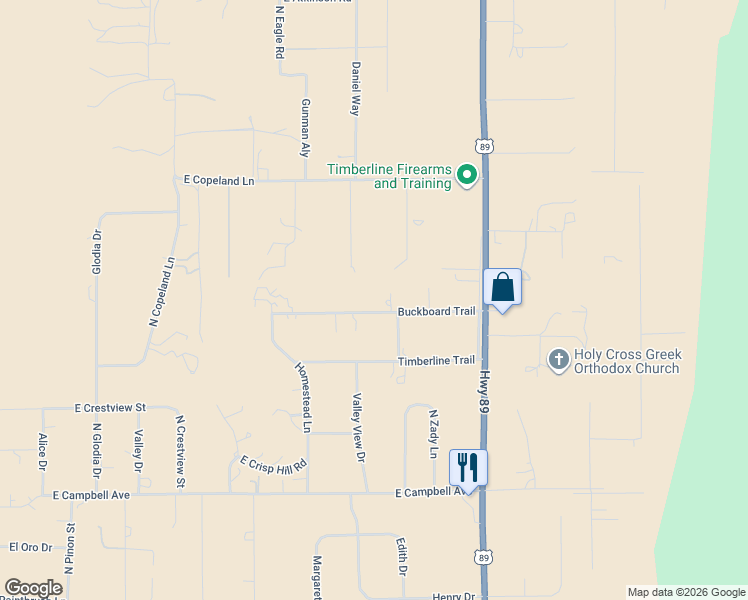 map of restaurants, bars, coffee shops, grocery stores, and more near 5735 Buckboard Trail in Flagstaff