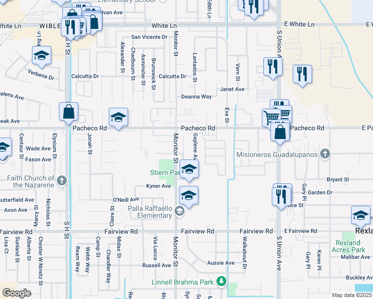 map of restaurants, bars, coffee shops, grocery stores, and more near 5103 Yellow Rose Court in Bakersfield