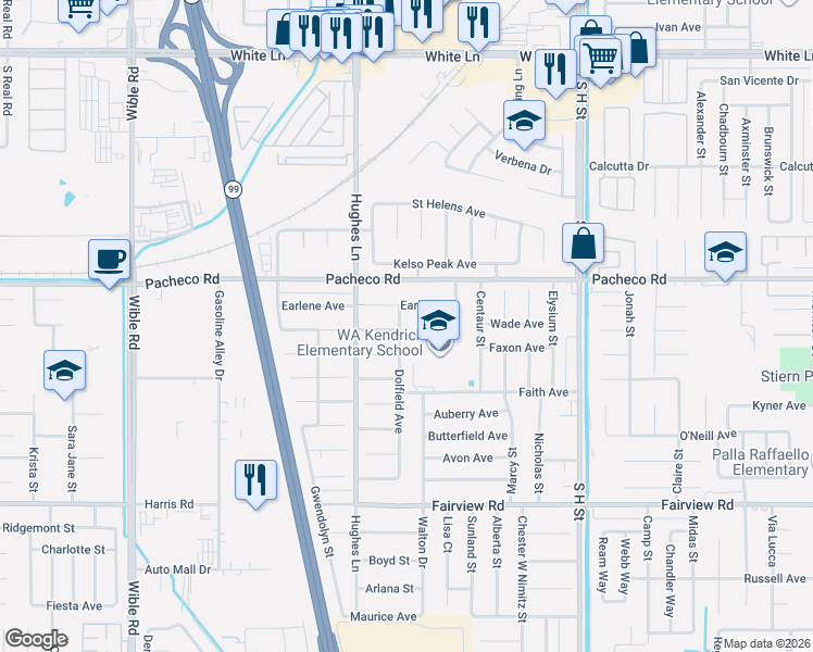 map of restaurants, bars, coffee shops, grocery stores, and more near 5012 Dolfield Avenue in Bakersfield