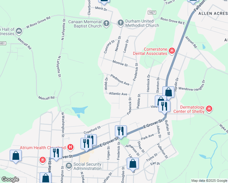 map of restaurants, bars, coffee shops, grocery stores, and more near 408 Atlantic Avenue in Shelby