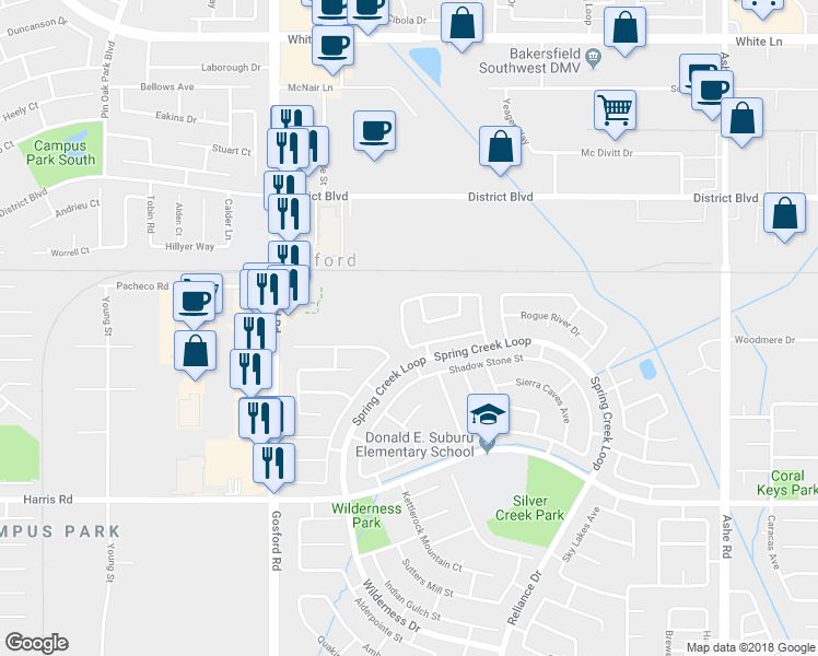map of restaurants, bars, coffee shops, grocery stores, and more near 5016 Shadow Lake Drive in Bakersfield