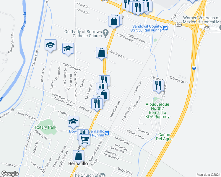 map of restaurants, bars, coffee shops, grocery stores, and more near 101 Los Hijos Lane in Bernalillo