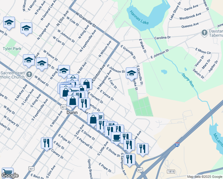 map of restaurants, bars, coffee shops, grocery stores, and more near 502 East Cleveland Street in Dunn