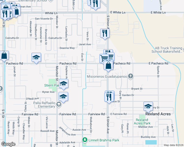 map of restaurants, bars, coffee shops, grocery stores, and more near 5105 Pamela Street in Bakersfield