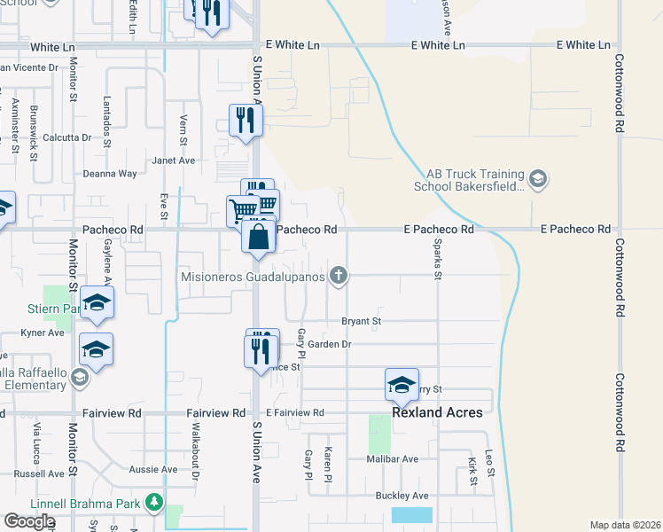 map of restaurants, bars, coffee shops, grocery stores, and more near 2700 Karen Place in Bakersfield