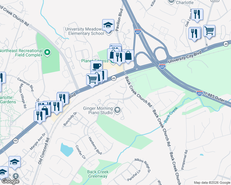 map of restaurants, bars, coffee shops, grocery stores, and more near 10130 Forest Landing Drive in Charlotte