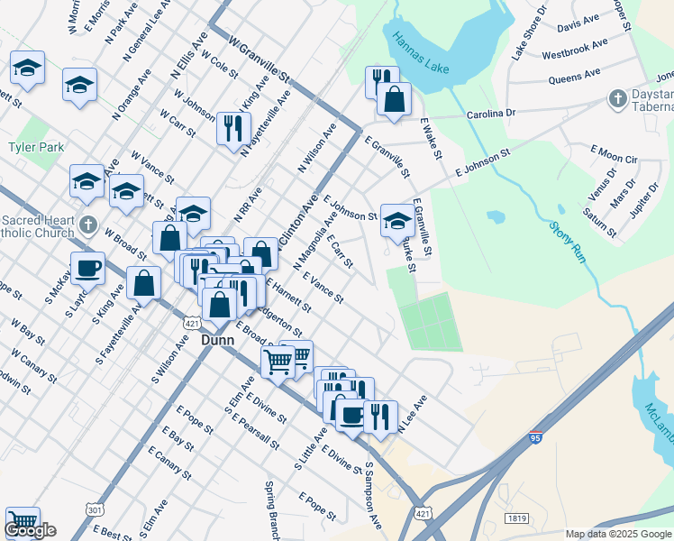 map of restaurants, bars, coffee shops, grocery stores, and more near 502 East Cleveland Street in Dunn