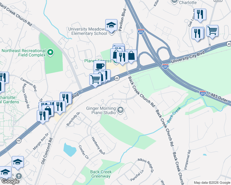 map of restaurants, bars, coffee shops, grocery stores, and more near in Charlotte