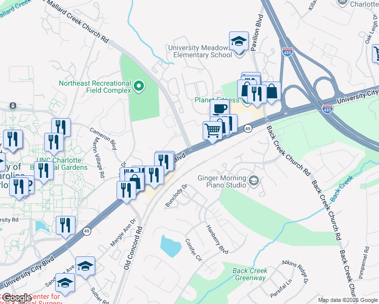 map of restaurants, bars, coffee shops, grocery stores, and more near University City Blvd & E Mallard Creek Church Rd in Charlotte