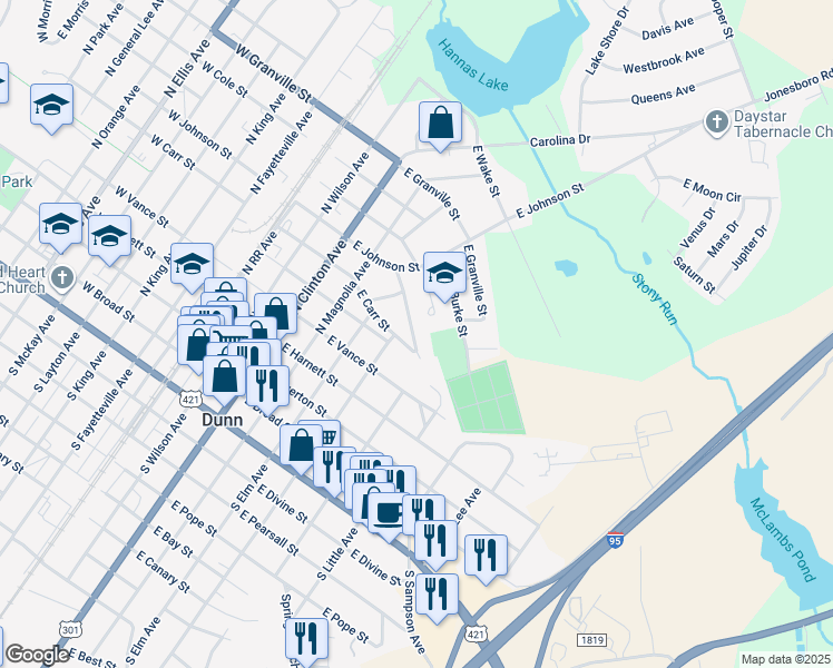 map of restaurants, bars, coffee shops, grocery stores, and more near 506 East Townsend Street in Dunn