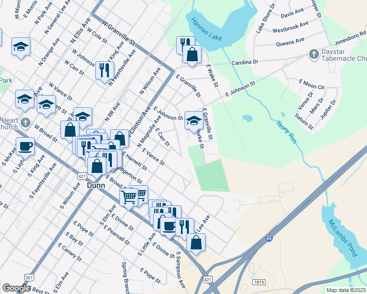 map of restaurants, bars, coffee shops, grocery stores, and more near 506 East Townsend Street in Dunn