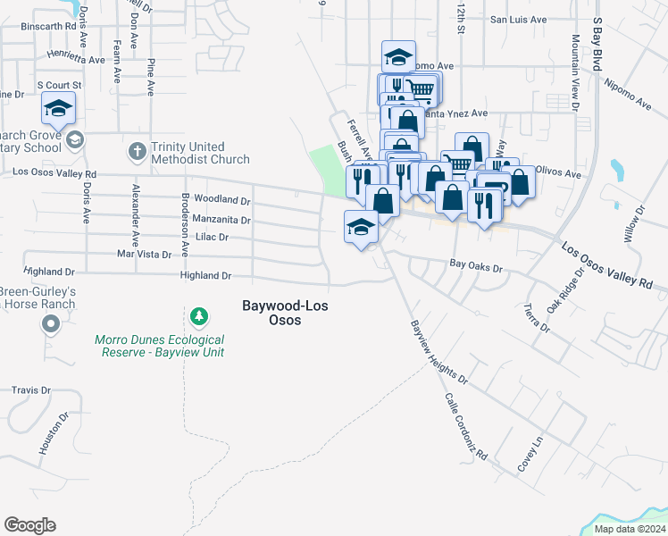 map of restaurants, bars, coffee shops, grocery stores, and more near 2420 Palisades Avenue in Baywood-Los Osos