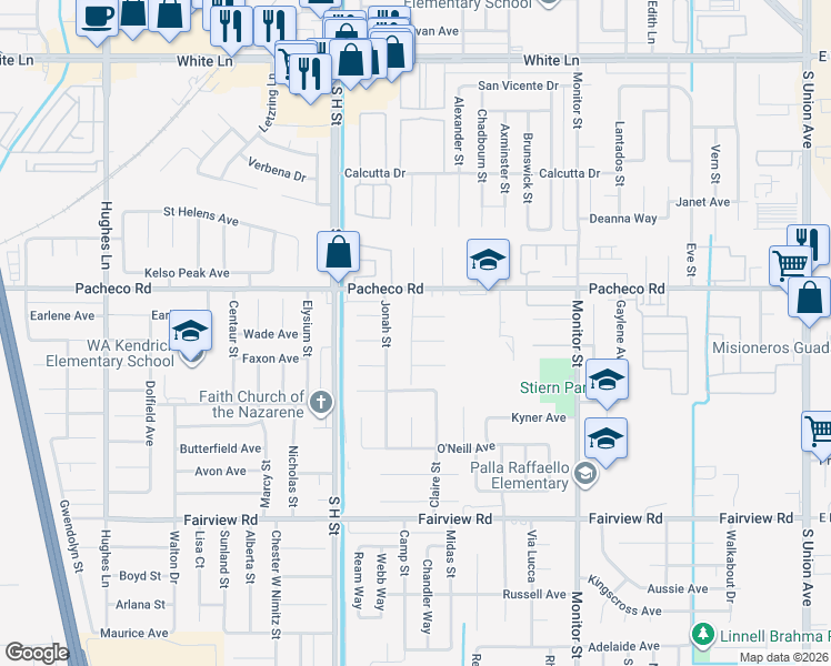 map of restaurants, bars, coffee shops, grocery stores, and more near 1313 Malerbi Court in Bakersfield