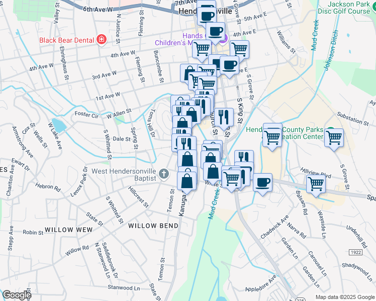 map of restaurants, bars, coffee shops, grocery stores, and more near 522 Kanuga Road in Hendersonville