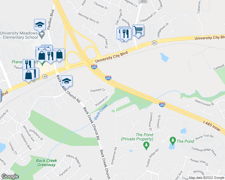 map of restaurants, bars, coffee shops, grocery stores, and more near 10626 Pickerel Lane in Charlotte
