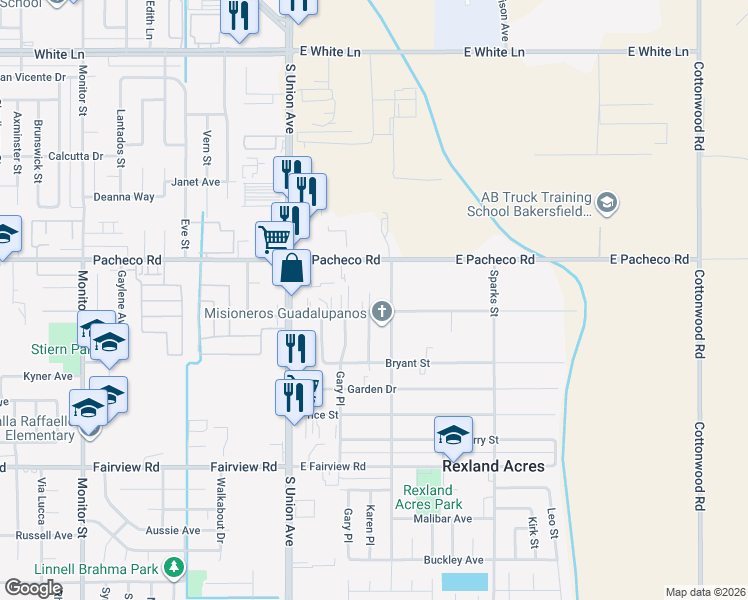 map of restaurants, bars, coffee shops, grocery stores, and more near 2700 Karen Place in Bakersfield