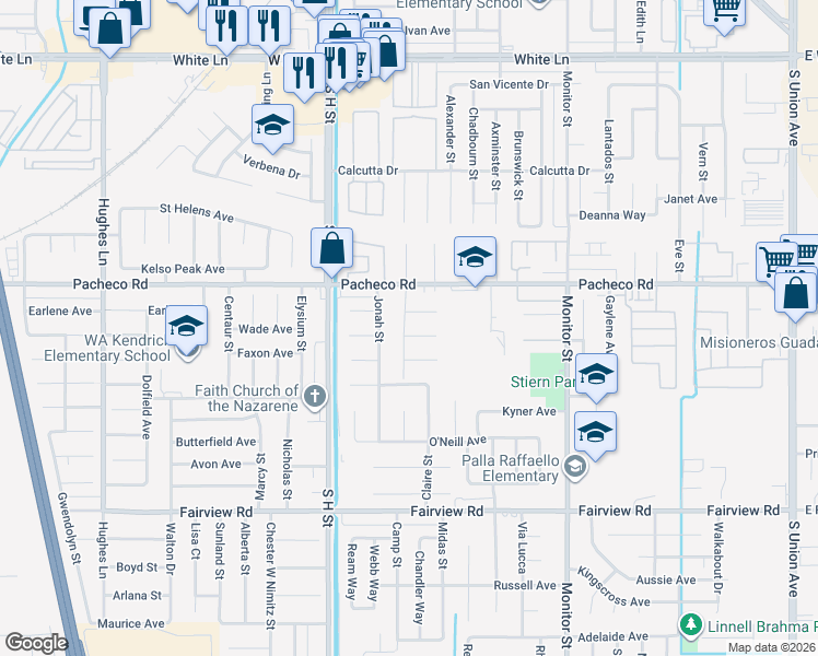 map of restaurants, bars, coffee shops, grocery stores, and more near 1313 Malerbi Court in Bakersfield