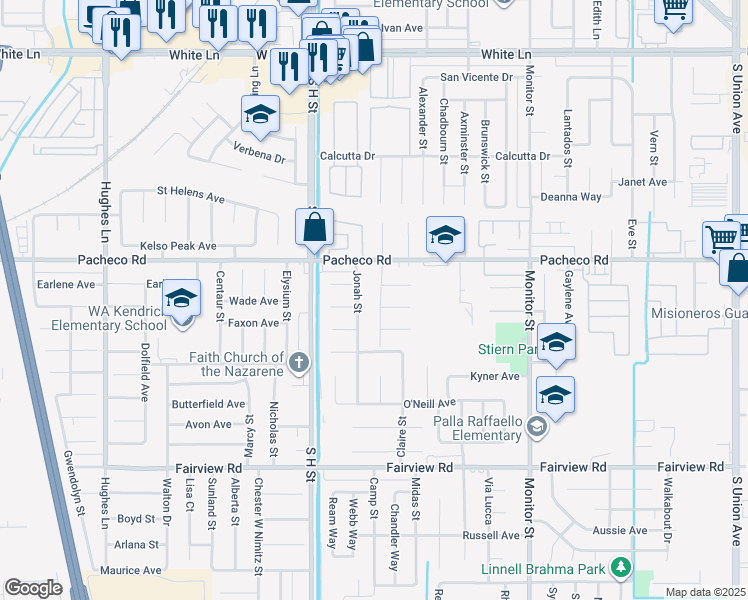 map of restaurants, bars, coffee shops, grocery stores, and more near 5108 Jonah Street in Bakersfield