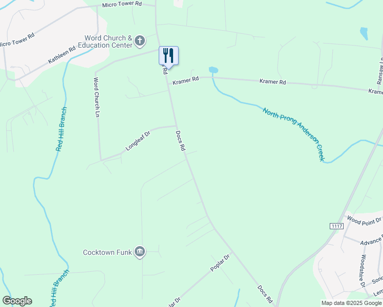 map of restaurants, bars, coffee shops, grocery stores, and more near 16 Morrisday Lane in Lillington