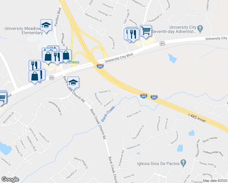 map of restaurants, bars, coffee shops, grocery stores, and more near 10537 Plantain Court in Charlotte