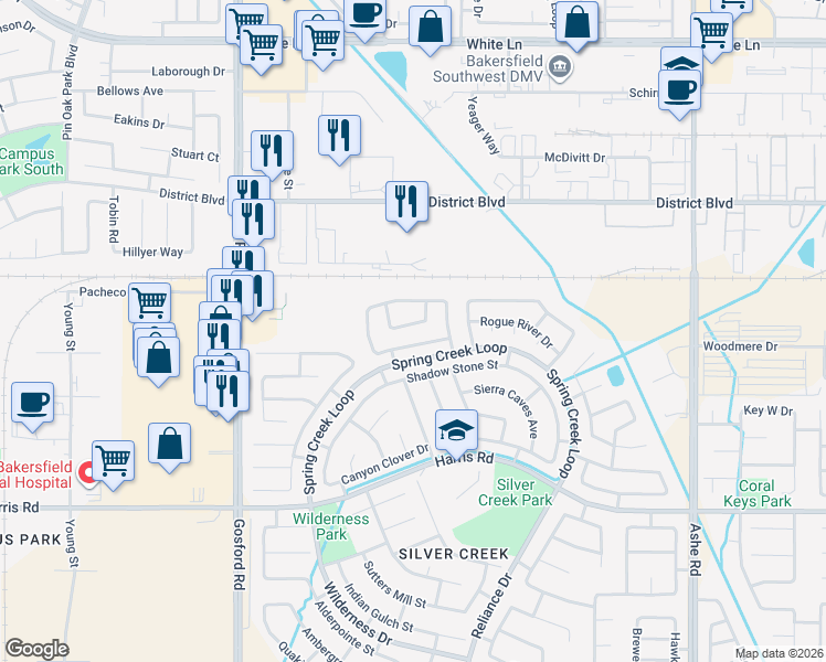map of restaurants, bars, coffee shops, grocery stores, and more near 7417 Shadow Wells Street in Bakersfield