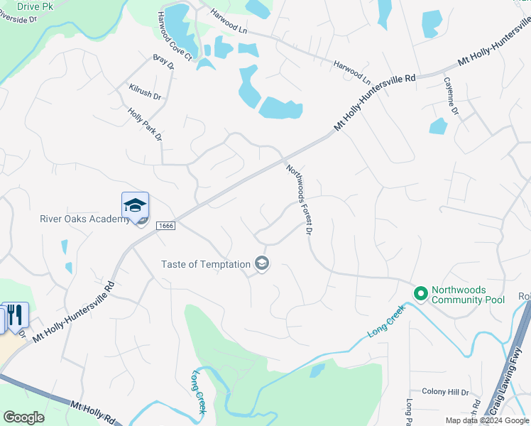 map of restaurants, bars, coffee shops, grocery stores, and more near 10916 Lassen Court in Charlotte