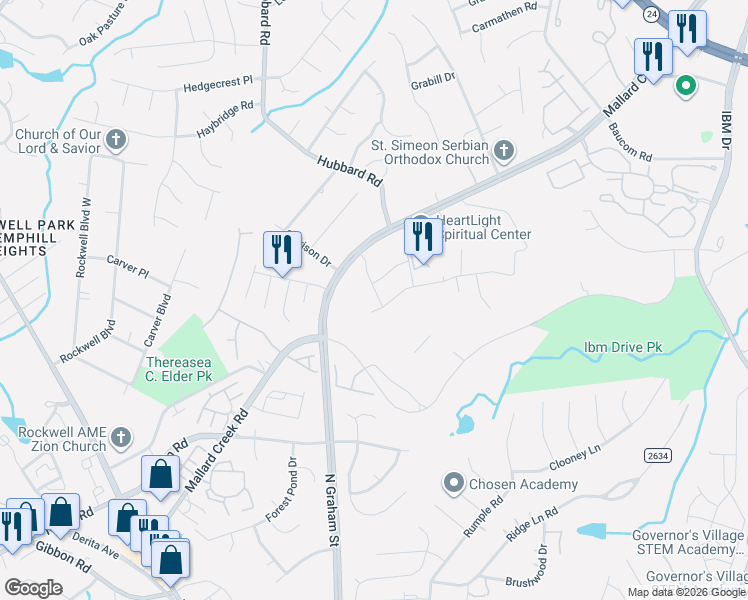 map of restaurants, bars, coffee shops, grocery stores, and more near 7208 Mallard Creek Road in Charlotte