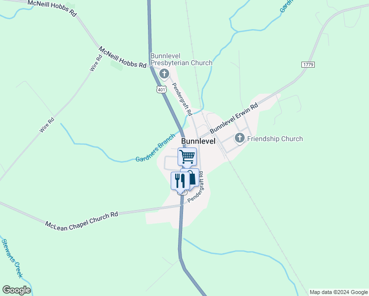map of restaurants, bars, coffee shops, grocery stores, and more near 6756 U.S. 401 in Bunnlevel