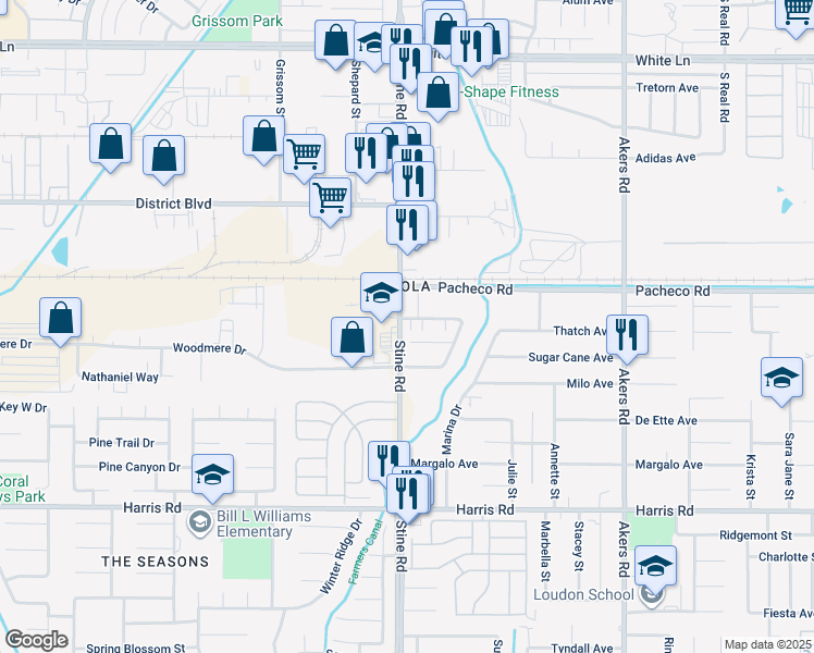 map of restaurants, bars, coffee shops, grocery stores, and more near 4713 Lynhurst Court in Bakersfield