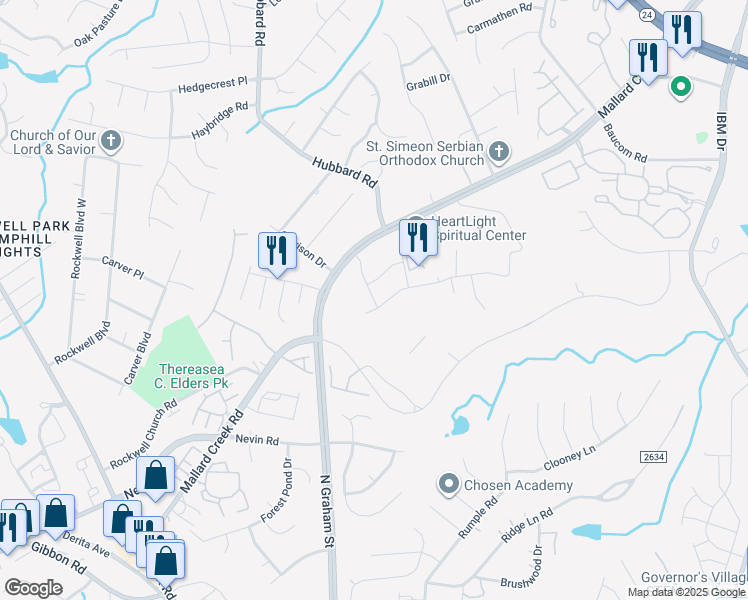 map of restaurants, bars, coffee shops, grocery stores, and more near 7208 Mallard Creek Road in Charlotte
