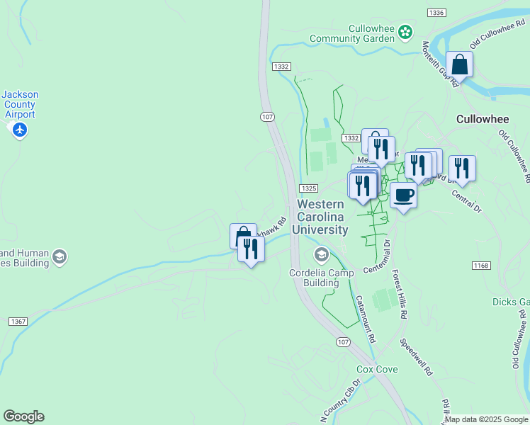 map of restaurants, bars, coffee shops, grocery stores, and more near 120 Blackhawk Road in Cullowhee