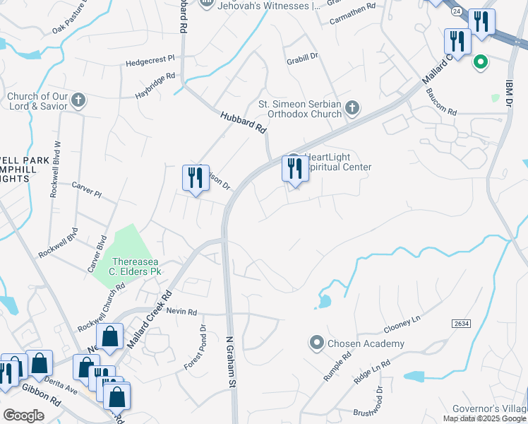 map of restaurants, bars, coffee shops, grocery stores, and more near 7208 Mallard Creek Road in Charlotte