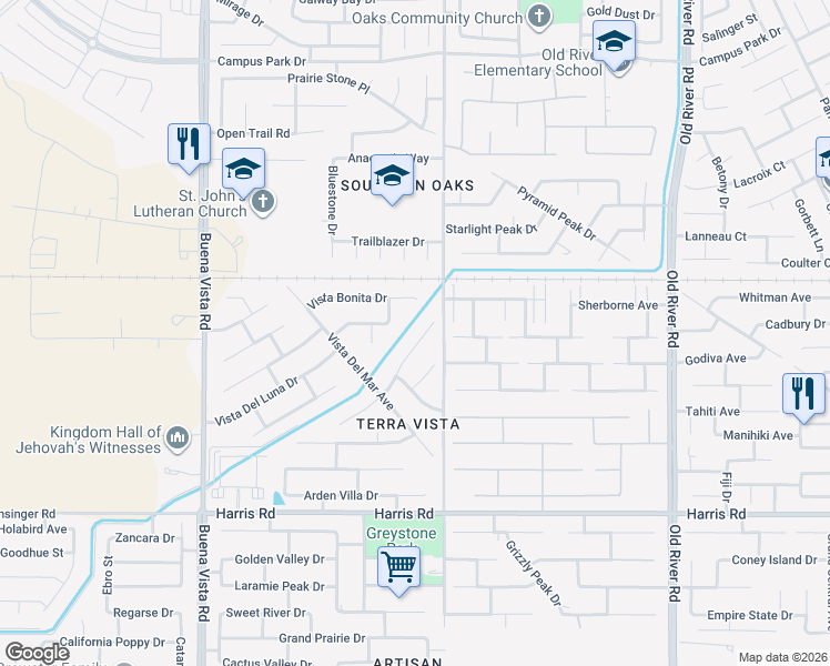 map of restaurants, bars, coffee shops, grocery stores, and more near 5023 Villa Bella Lane in Bakersfield