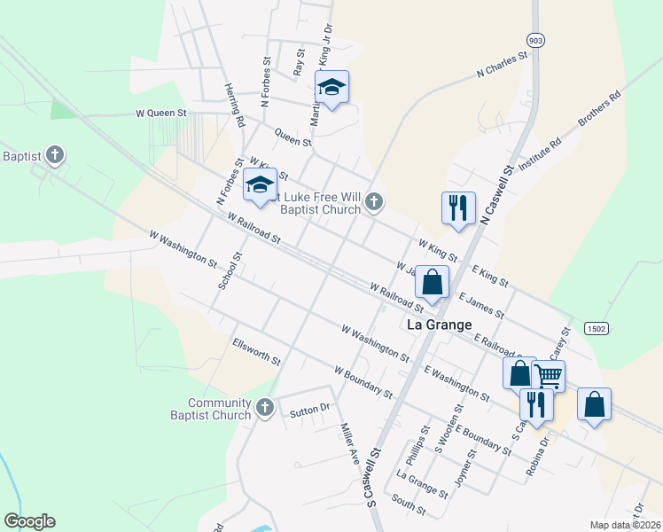map of restaurants, bars, coffee shops, grocery stores, and more near 101 North Charles Street in La Grange