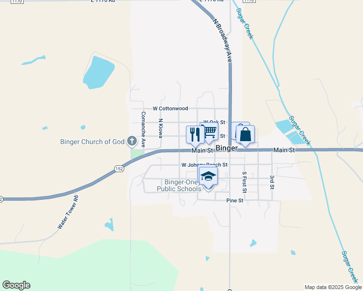map of restaurants, bars, coffee shops, grocery stores, and more near 320 North Main in Binger