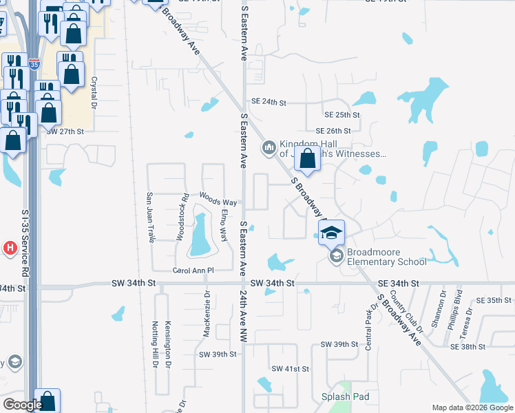 map of restaurants, bars, coffee shops, grocery stores, and more near 2920 Christina Court in Oklahoma City