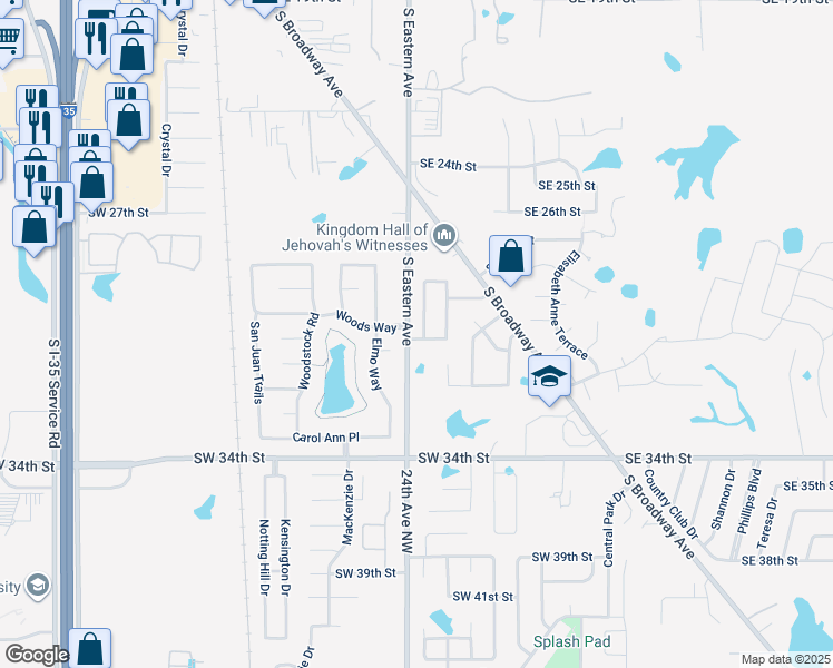map of restaurants, bars, coffee shops, grocery stores, and more near 2921 Christina Court in Moore