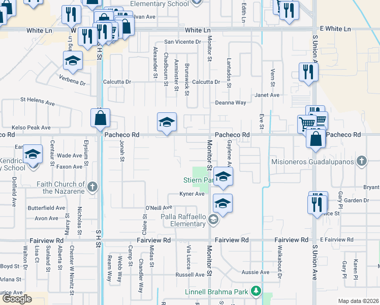 map of restaurants, bars, coffee shops, grocery stores, and more near 1009 Caroline Court in Bakersfield