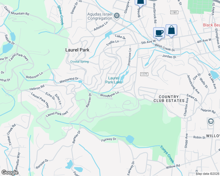 map of restaurants, bars, coffee shops, grocery stores, and more near 45 Lake Drive in Laurel Park
