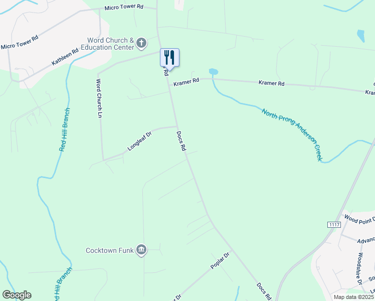 map of restaurants, bars, coffee shops, grocery stores, and more near 16 Morrisday Lane in Lillington
