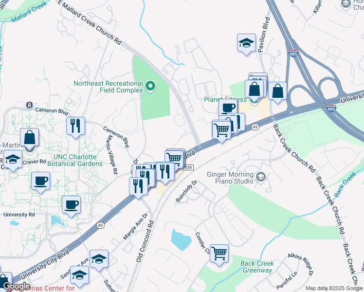 map of restaurants, bars, coffee shops, grocery stores, and more near 9719 University City Boulevard in Charlotte