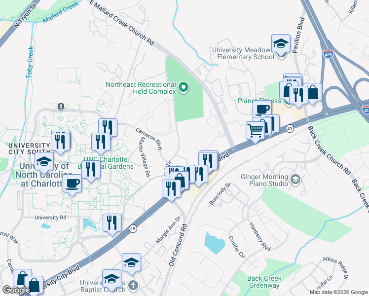 map of restaurants, bars, coffee shops, grocery stores, and more near 9515 University Terrace Drive in Charlotte