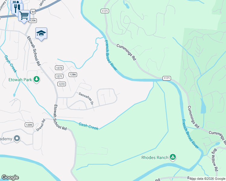 map of restaurants, bars, coffee shops, grocery stores, and more near 30 Winged Elm Court in Hendersonville