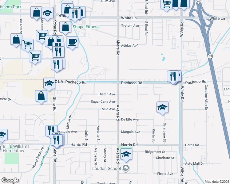 map of restaurants, bars, coffee shops, grocery stores, and more near 4300 Sugar Cane Avenue in Bakersfield