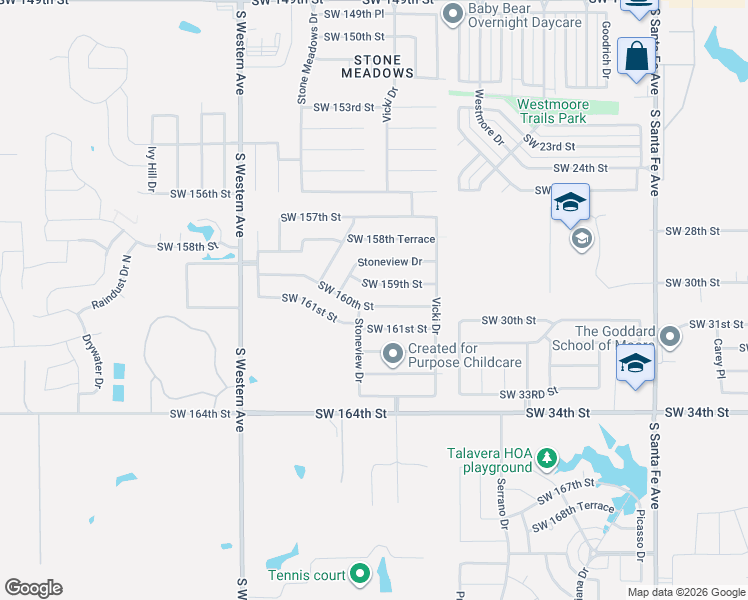 map of restaurants, bars, coffee shops, grocery stores, and more near 617 Southwest 161st Street in Oklahoma City