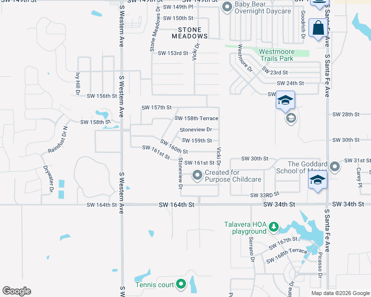 map of restaurants, bars, coffee shops, grocery stores, and more near 617 Southwest 161st Street in Oklahoma City