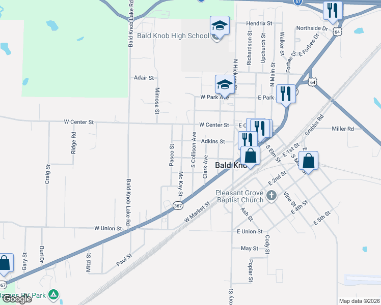 map of restaurants, bars, coffee shops, grocery stores, and more near 401 Campbell Street in Bald Knob