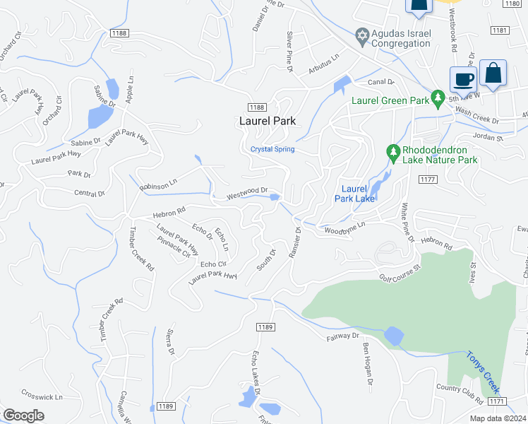 map of restaurants, bars, coffee shops, grocery stores, and more near 11 Cedarbrook Drive in Laurel Park