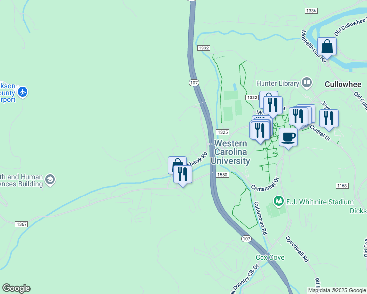 map of restaurants, bars, coffee shops, grocery stores, and more near 120 Blackhawk Road in Cullowhee